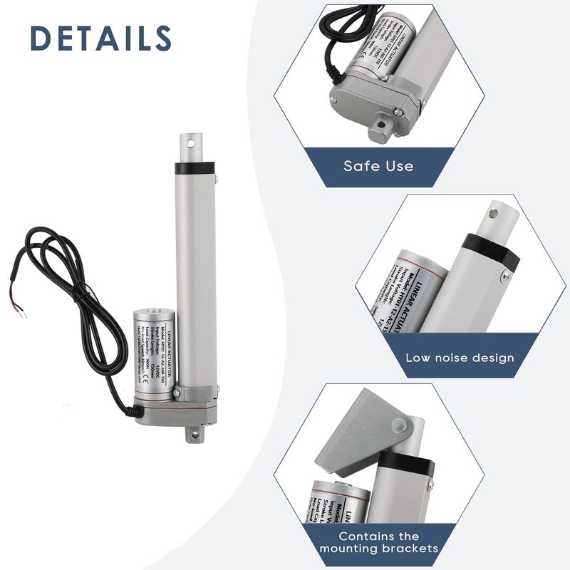 MYFULLY Electric Stroke Linear Actuator | DC 12V Heavy Duty 6'' Linear Actuator Motor with Mounting Bracket 900N(202lbs) Max. Lift 10mm/s for Auto Car RV Electric Door Opener (150MM Stroke Length, 1) - Image 3